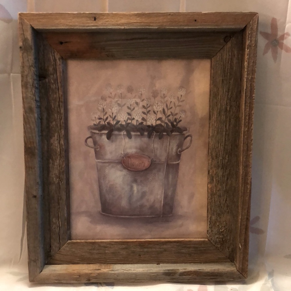 Vintage Diane Arthurs Rustic Buckets Print Reclaimed Barn Wood Frame 13.25x11.25